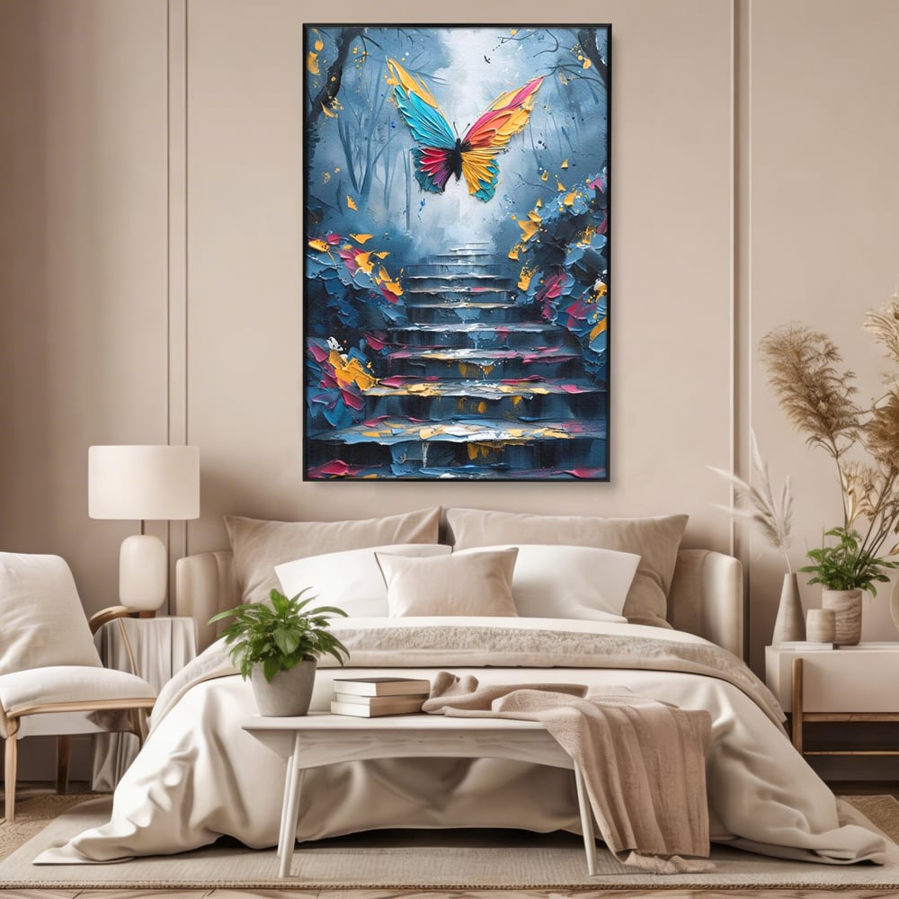 Tablou canvas cu tablou canvas cu fluture multicolor si scari, in rama de aluminiu negru, pe perete intr-un dormitor